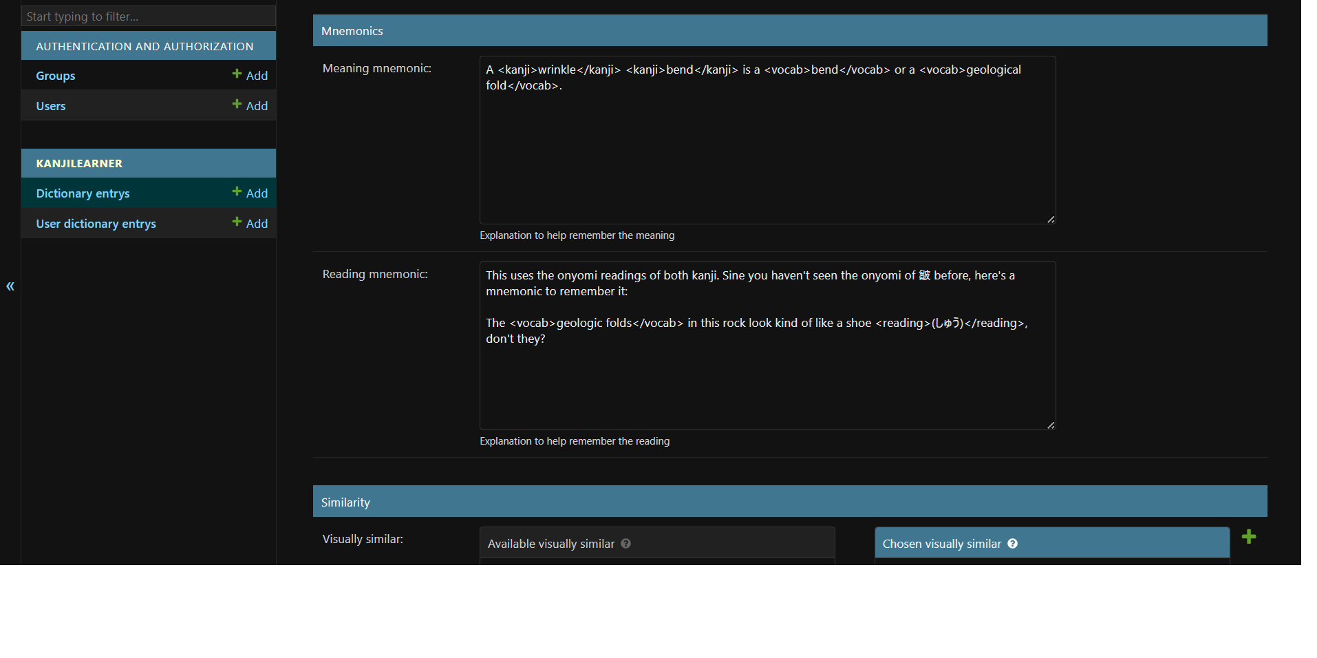 KanjiLearner Backend Tags for Highlighting